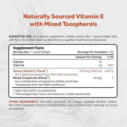 Sunflower Vitamin E 670mg (1000 IU) with Mixed Tocopherols | Essential Skin Vitamin & Immune Support | Non-GMO, Soy & Gluten Free | 120 Softgels