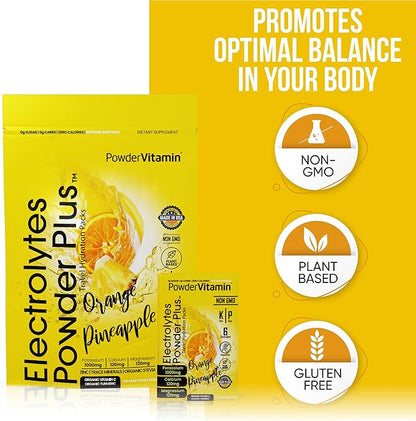 Electrolytes Powder Plus, Keto, Orange Pineapple, Sugar-Free, 1000mg Potassium, 120mg Calcium, 120mg Magnesium, Non GMO, Zero Calories, 30 Hydration Packets