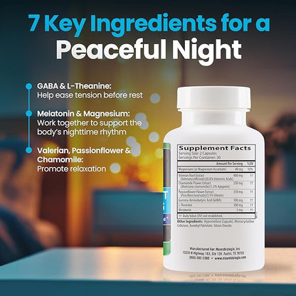 Neuro Night Essentials – Natural Nighttime Support with GABA, Melatonin, Valerian Root, LTheanine, Magnesium & More – Promotes Relaxation, Mood Balance & Rest – 60 Veg Capsules – Made in The USA