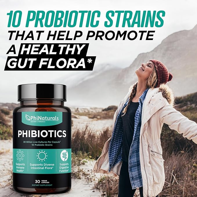 High Potency Probiotics 10 Strains 30 Billion CFUs PhiNaturals – [30 Vegan Capsules] for Women and Men Digestive Gut Health - Lactobacillus Acidophilus Salivarius Rhamnosus Bifidobacterium Probioticos