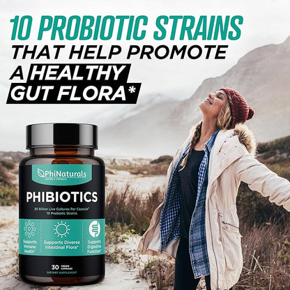 High Potency Probiotics 10 Strains 30 Billion CFUs PhiNaturals – [30 Vegan Capsules] for Women and Men Digestive Gut Health - Lactobacillus Acidophilus Salivarius Rhamnosus Bifidobacterium Probioticos