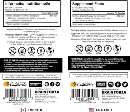 Brain Forza Organic Turkey Tail Mushroom Capsules, Mushroom Powdered Immune Support, Liver and Digest Health Support, Organic Defense Support, Non-GMO, Vegan, Organic, 90 Capsules