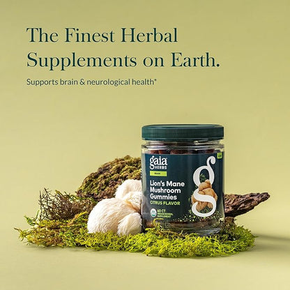 Gaia Herbs Lion's Mane Mushroom - Natural Brain Support Supplement - Made with Organic Lion's Mane Mushrooms - Free from Gluten, Soy & Dairy - 60 Vegan Gummies (30 Servings)