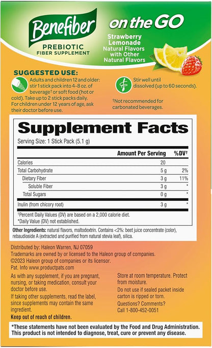 Benefiber Fiber Supplement, Strawberry Lemonade, On The Go Stick Packs, 36 Count