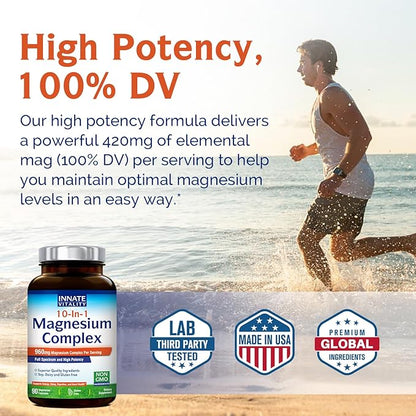 Innate Vitality 10-in-1 Magnesium Complex, 420mg Elemental Mag per Serving, 100% DV, High Potency, Full Spectrum, Non-GMO, Digestion, Energy Support, 90 Vegan Caps