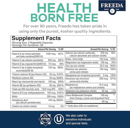FREEDA Multivitamin - Iron Free Ultra Kosher Multi Vitamins Supplements for Women Health - Men’s Vitamins for Men Health - Multivitamins for Men & Women Adult Vitamins Multivitamin, 120