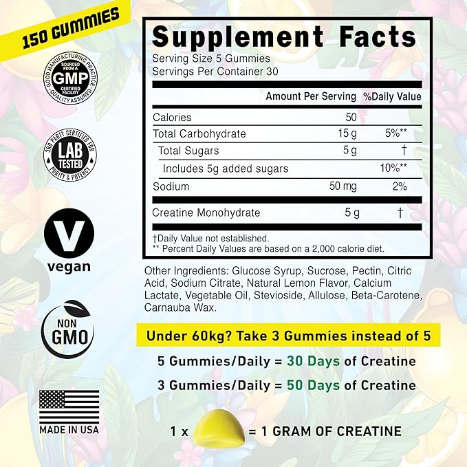 Creatine Monohydrate Gummies for Men & Women 5000mg - Made in USA, Potency Tested, Vegan, Supports Muscle Growth, Strength & Cognitive Function, Non-GMO Gluten-Free Lemon Flavored Creatine 150 Chews