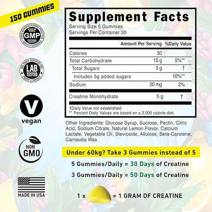 Creatine Monohydrate Gummies for Men & Women 5000mg - Made in USA, Potency Tested, Vegan, Supports Muscle Growth, Strength & Cognitive Function, Non-GMO Gluten-Free Lemon Flavored Creatine 150 Chews