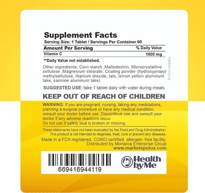 Vitamin C 1000mg per Serving, Dietary Supplement Immune Support and Antioxidant Supplement, 90 Tablets, 90 Day Supply, Supports Skin, Energy & Collagen Health