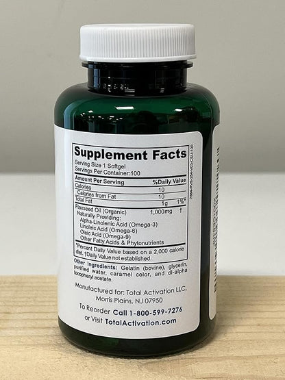 Organic Flaxseed Oil 1,000 mg Omega-3, Immune System Booster with Omega 3,6,9 from Natural ALA, Supports Healthy Hair, Skin and Nails, 100 Rich Liquid Softgels Per Bottle
