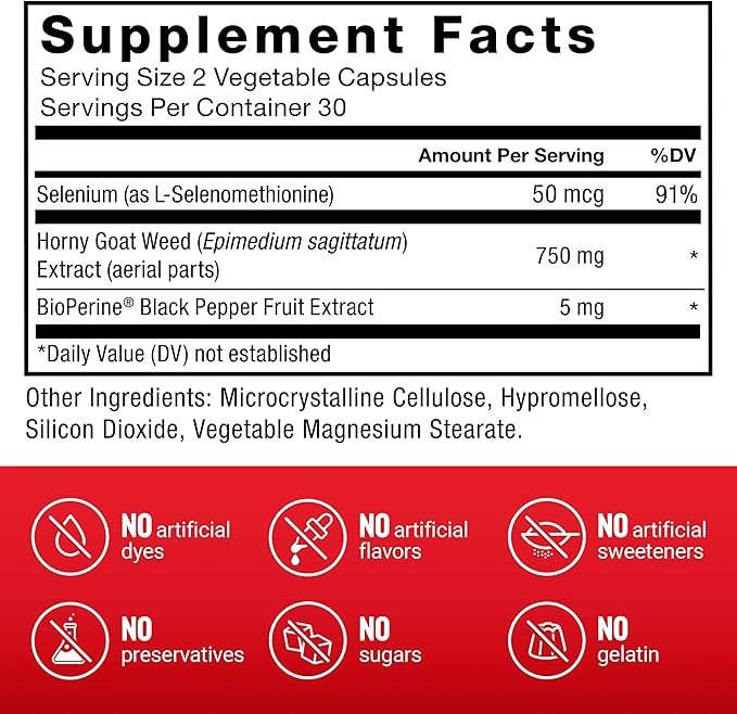 Force Factor Horny Goat Weed for Men, Natural Male Drive and Vitality Supplement with Natural Ingredients for Superior Absorption, Fundamental Series, 750mg, 60 Count (Pack of 2)
