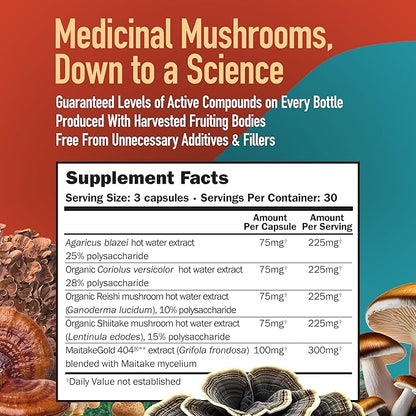 MushroomScience Immune Builder Mushroom Capsules, Full Spectrum Extract with MaitakeGold, Reishi & Shiitake, Mushroom Supplement for Adults, Hot Water Extracted Mushrooms, Vegetarian, 400MG, 90 CT
