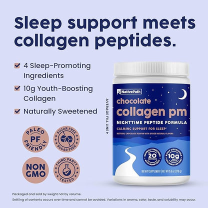 NativePath Collagen PM - Chocolate Nighttime Collagen Peptides Powder with Magnesium, GABA, L-Theanine and Melatonin - 20 Servings