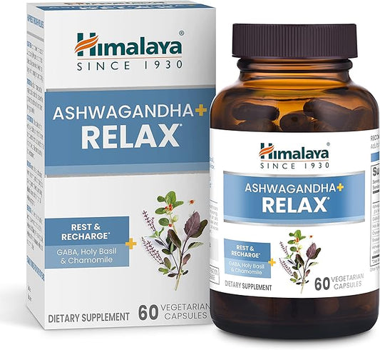 Himalaya Ashwagandha+ Relax, with GABA, Holy Basil & Chamomile for Reset, Relaxation & Stress Relief, Vegan, Gluten Free, 540 mg, 60 Vegetarian Capsules, 1 Month Supply