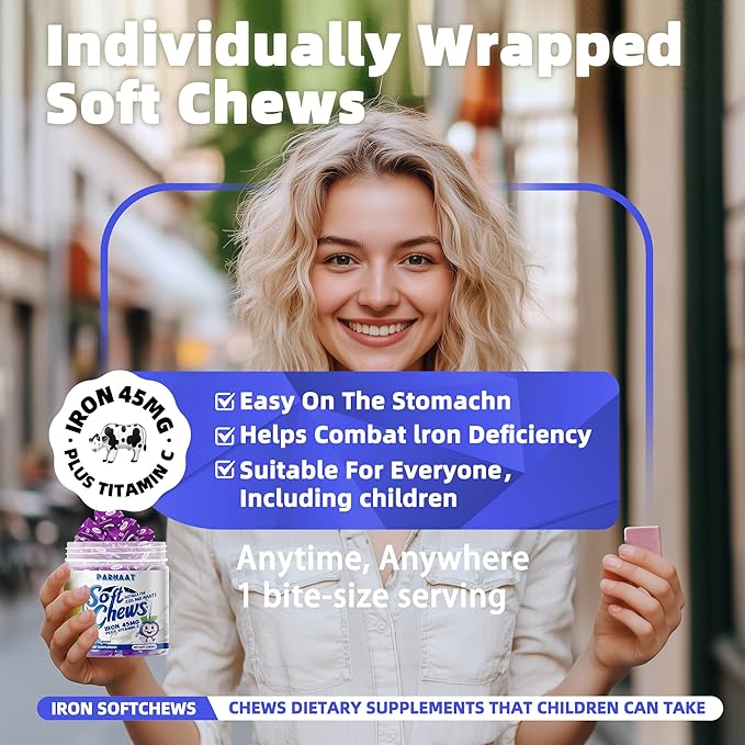 Iron Soft Chew Supplement with Vitamin C | Blueberry Flavored | Gluten Free | Iron Supplement for Women Men and Kids | 60 Count | 2 Month Supply
