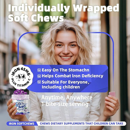 Iron Soft Chew Supplement with Vitamin C | Blueberry Flavored | Gluten Free | Iron Supplement for Women Men and Kids | 60 Count | 2 Month Supply