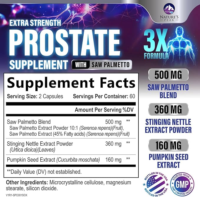 Prostate Health Supplements for Men - Potent 3X Formula with Saw Palmetto + Stinging Nettle + Pumpkin Seed Extract, Bottled in USA, Prostate Supplement, DHT Blocker for Urinary Support - 120 Capsules