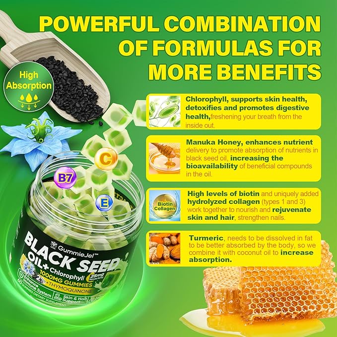 Black Seed Oil Gummies & Chlorophyll, Biotin 500mcg with Hydrolyzed Collagen, Raw Manuka Honey, Organic Cold Pressed - Ultimate Absorption for Skin, Hair & Nails, Digestive, Overall Health, Sugar Free