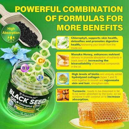 Black Seed Oil Gummies & Chlorophyll, Biotin 500mcg with Hydrolyzed Collagen, Raw Manuka Honey, Organic Cold Pressed - Ultimate Absorption for Skin, Hair & Nails, Digestive, Overall Health, Sugar Free