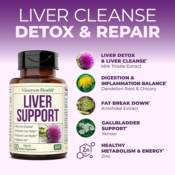 Liver Cleanse Detox & Repair Milk Thistle Supplement - Herbal Liver Support - Choline, Artichoke Extract & Chicory. Dandelion Root Supplement to Support Digestion & Promote Cellular Repair. 60 Tablets