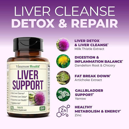 Liver Cleanse Detox & Repair Milk Thistle Supplement - Herbal Liver Support - Choline, Artichoke Extract & Chicory. Dandelion Root Supplement to Support Digestion & Promote Cellular Repair. 60 Tablets