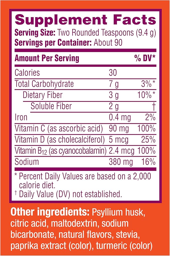 Metamucil Sparkling Fiber Supplement + Vitamins, Plant Based Psyllium Fiber Powder with Vitamins C, D & B12, Daily Supplement for Regularity + Metabolism, Citrus Flavored, Sugar-Free, 90 Servings