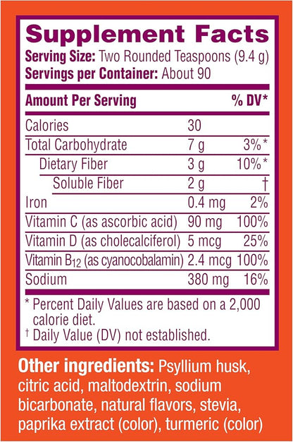 Metamucil Sparkling Fiber Supplement + Vitamins, Plant Based Psyllium Fiber Powder with Vitamins C, D & B12, Daily Supplement for Regularity + Metabolism, Citrus Flavored, Sugar-Free, 90 Servings