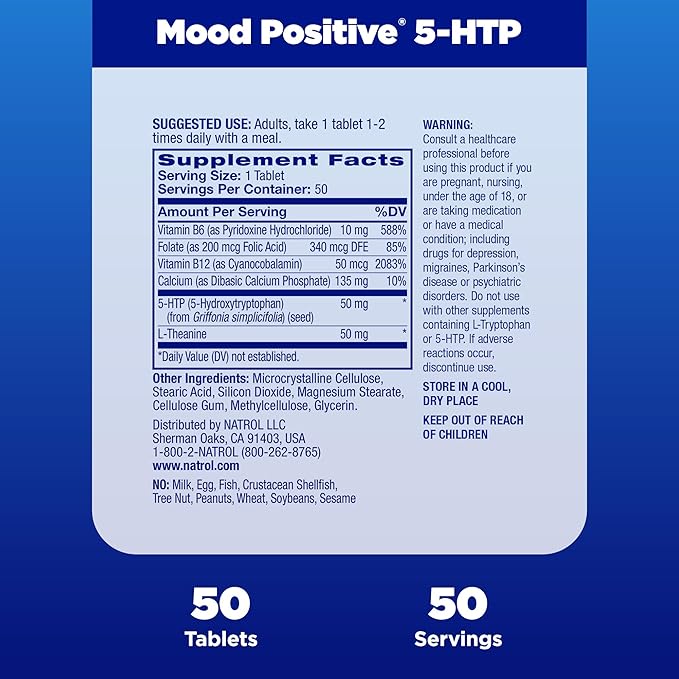 Natrol Mood Positive 5-HTP 50mg With L-Theanine, Vitamin B6, Vitamin B12 and Folate, Dietary Supplement Helps Support a Positive Mood, 50 Tablets, 25-50 Day Supply (Pack of 12)