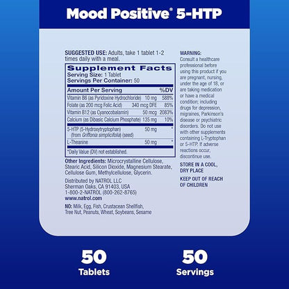 Natrol Mood Positive 5-HTP 50mg With L-Theanine, Vitamin B6, Vitamin B12 and Folate, Dietary Supplement Helps Support a Positive Mood, 50 Tablets, 25-50 Day Supply (Pack of 12)