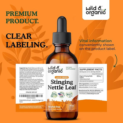 Wild & Organic Stinging Nettle Leaf Extract Drops - Urinary Tract Support - Liquid Stinging Nettle Supplement - Urtica Dioica Tincture - 2-Month Supply - Vegan, Sugar & Alcohol-Free - 2 fl oz