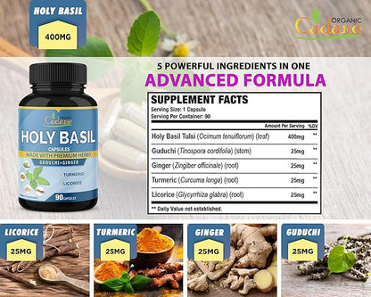 Organic Cadane Holy Basil Supplements Capsules, 5in1 with Guduchi, Ginger, Turmeric Curcumin, Licorice - Support Immune - 90 Capsules for 3 Months