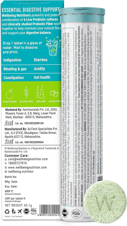 WELLBEING NUTRITION Daily Probiotic + Prebiotic| Plant Based |18 Billion CFU, 6 Strains for Men & Women with Organic Prebiotic Fiber for Digestion, Gut Health, Metabolism | 42 Effervescent Tabs