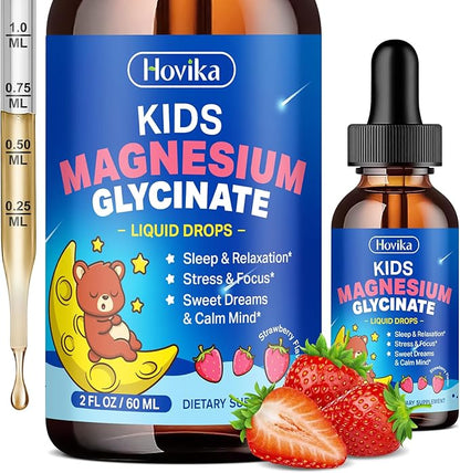 Magnesium Glycinate Liquid for Kids - with L-Theanine Omega-3, Vitamin B6, D3, Zinc - Kids Magnesium Drops for Sleep, Relaxation, Calm & Focus - 2 Fl Oz, Strawberry Flavor