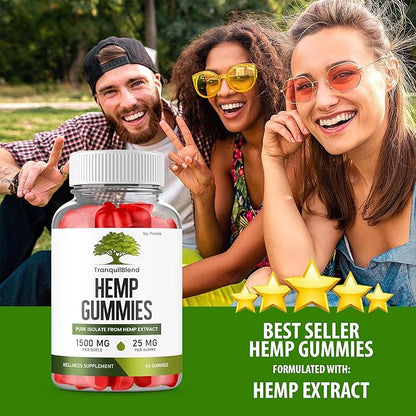 (2 Pack) Tranquil Blend Gummies with Hemp, Tranquil Blend Hemp Gummies Extra Strength Formula Maximum Performance Blend Tranquil Blend Gummy Great Taste 1500mg Bottle, 25mg Per Gummy (120 Gummies)