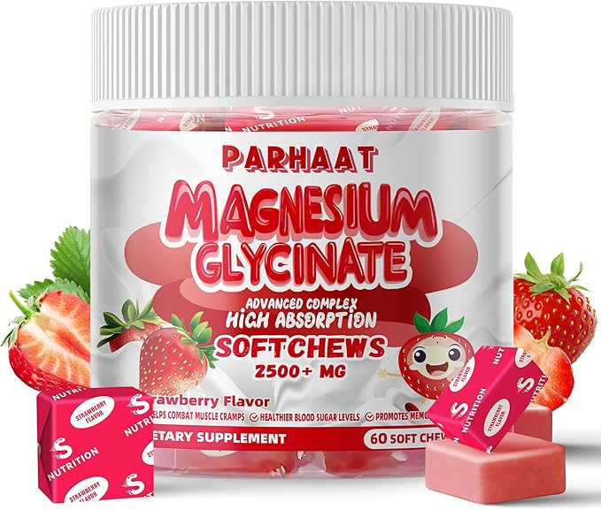 Magnesium Glycinate Soft Chews, Strawberry Flavor.Chewable Sugar Free Potassium Magnesium Chews with Magnesium Glycinate, Vitamin D, B6, and CoQ10 for Calm Support & Sleep for Adults, 60 Days Supply