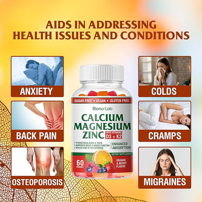Calcium Magnesium Zinc Gummies with Vitamin D3 & K2 - High Potency Enhanced Absorption - Orange and Berry Flavored