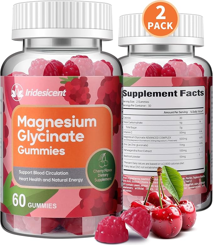 Magnesium Glycinate Gummies 400mg, Sugar Free Magnesium Supplement w/Ashwagandha, Zinc, Vegan Magnesium Glycinate Supplement for Adults - 120 Cherry Gummies