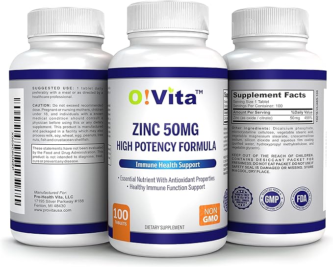 Zinc 50mg High Potency Formula, for Immune Health Support, up to 100 Days of Supply (100 Non-GMO, Vegan Tablets)