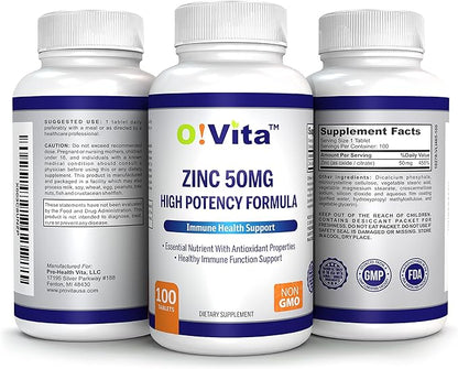 Zinc 50mg High Potency Formula, for Immune Health Support, up to 100 Days of Supply (100 Non-GMO, Vegan Tablets)