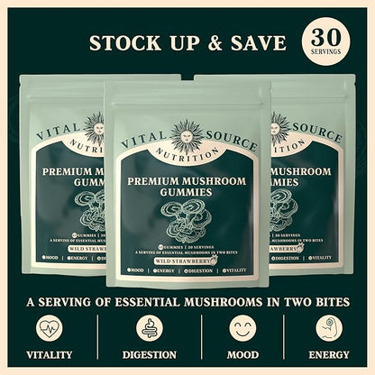 Vital Source Nutrition - Premium Mushroom Gummies - Vitality, Digestion & Energy Support - 10 Types of Premium Mushrooms - Vegan, Gluten-Free & Halal - Wild Strawberry - 60 Gummies - 30 Servings