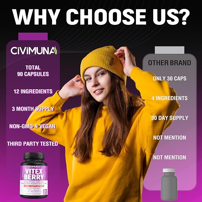 Vitex Berry Extract Capsules with Vitex Berry, Black Cohosh Root, Dong Quai Root and More - 90 Capsules for 3 Months Supply