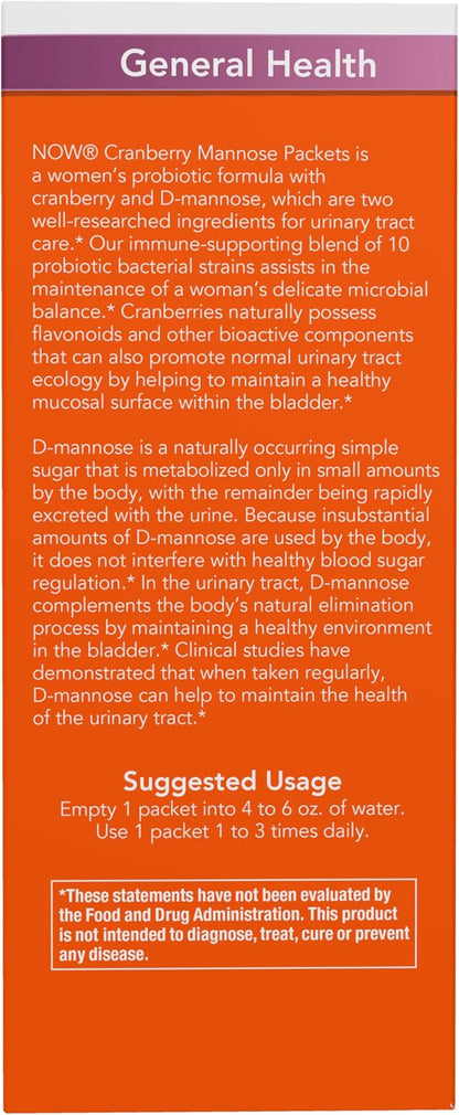 NOW Supplements, Cranberry Mannose + Probiotics with a blend of 10 Probiotic Bacterial Strains, 24/Box