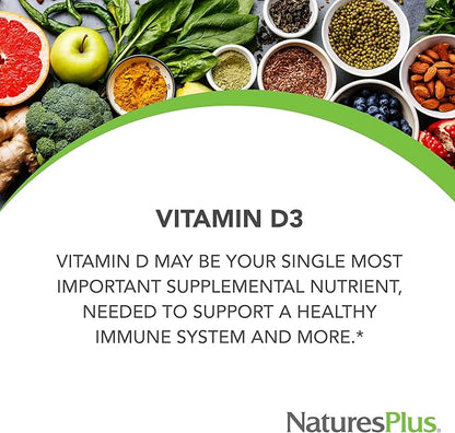 NaturesPlus Vitamin D3 (Cholecalciferol) - 400 iu, 90 Vegetarian Tablets - Bone Health, Heart Health & Immune System Support, Water Soluble for Maximum Absorption - Gluten-Free - 90 Servings