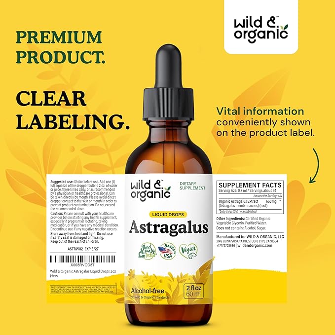 Wild & Organic Astragalus Tincture - Immune Support Drops w/Astragalus Root Extract - Herbal Supplement for Calmness & Relaxation - Vegan, Sugar & Alcohol Free - 2 fl oz