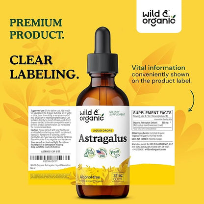 Wild & Organic Astragalus Tincture - Immune Support Drops w/Astragalus Root Extract - Herbal Supplement for Calmness & Relaxation - Vegan, Sugar & Alcohol Free - 2 fl oz