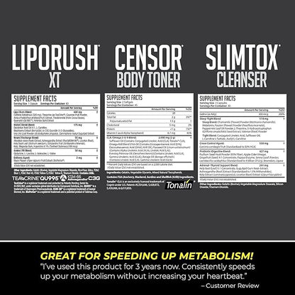 NDS Nutrition Maximum Strength Weight Loss - Decrease Appetite and Energy Booster - Glutamine, L-Carnitine, and CLA (LipoRush XT 60 Capsules, Censor 90 Softgels, and Slim-Tox 90 Capsules)