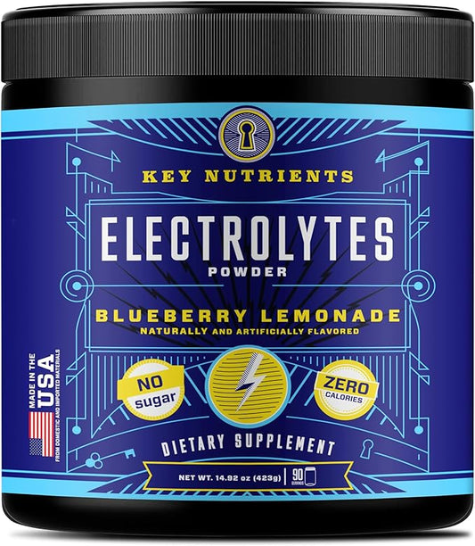 KEY NUTRIENTS Multivitamin Electrolytes Powder No Sugar - Fresh Blueberry Lemonade Electrolyte Powder - Endurance & Energy Supplement - Hydration Powder - No Calories - 90 Servings - Made in USA