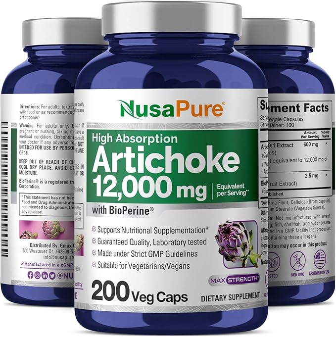 NusaPure Artichoke 20:1 Extract, 600 mg Equivalent to 12,000mg 200 Veggie caps (Non-GMO, Gluten Free)