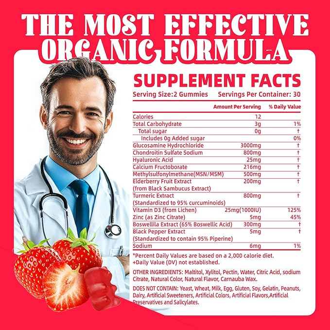 Glucosamine Chondroitin Gummies with MSM & Elderberry Extra Strength - Joint Support, Antioxidant Immune Support Supplement for Adults, Men & Women.60 Strawberry Gummies