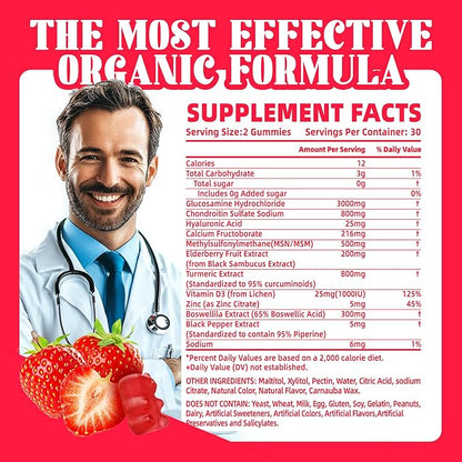 Glucosamine Chondroitin Gummies with MSM & Elderberry Extra Strength - Joint Support, Antioxidant Immune Support Supplement for Adults, Men & Women.60 Strawberry Gummies